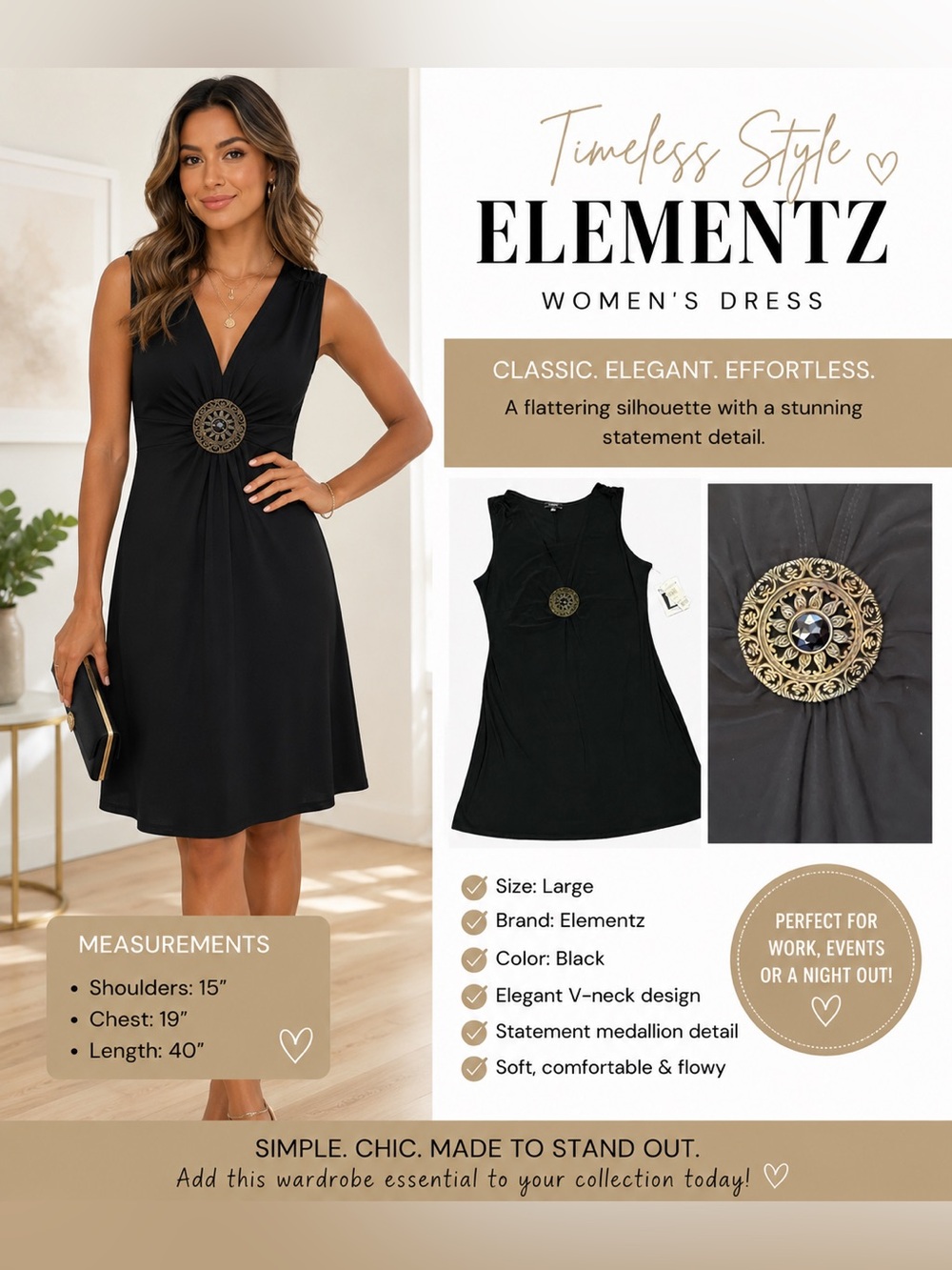 Timeless Elegance: Elementz Black V-Neck Medallion Dress